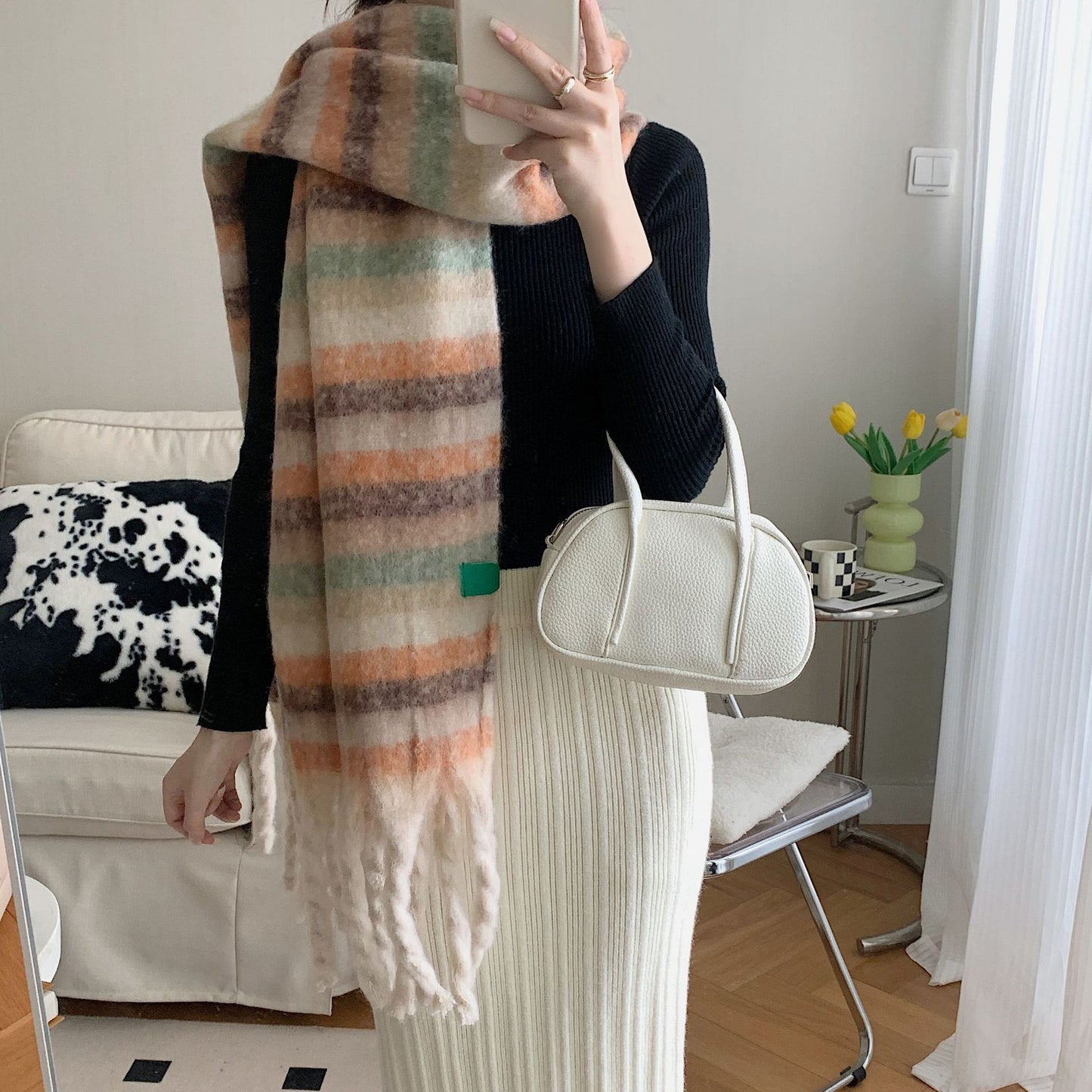 Striped Cashmere Thick Scarf With Contrast Color