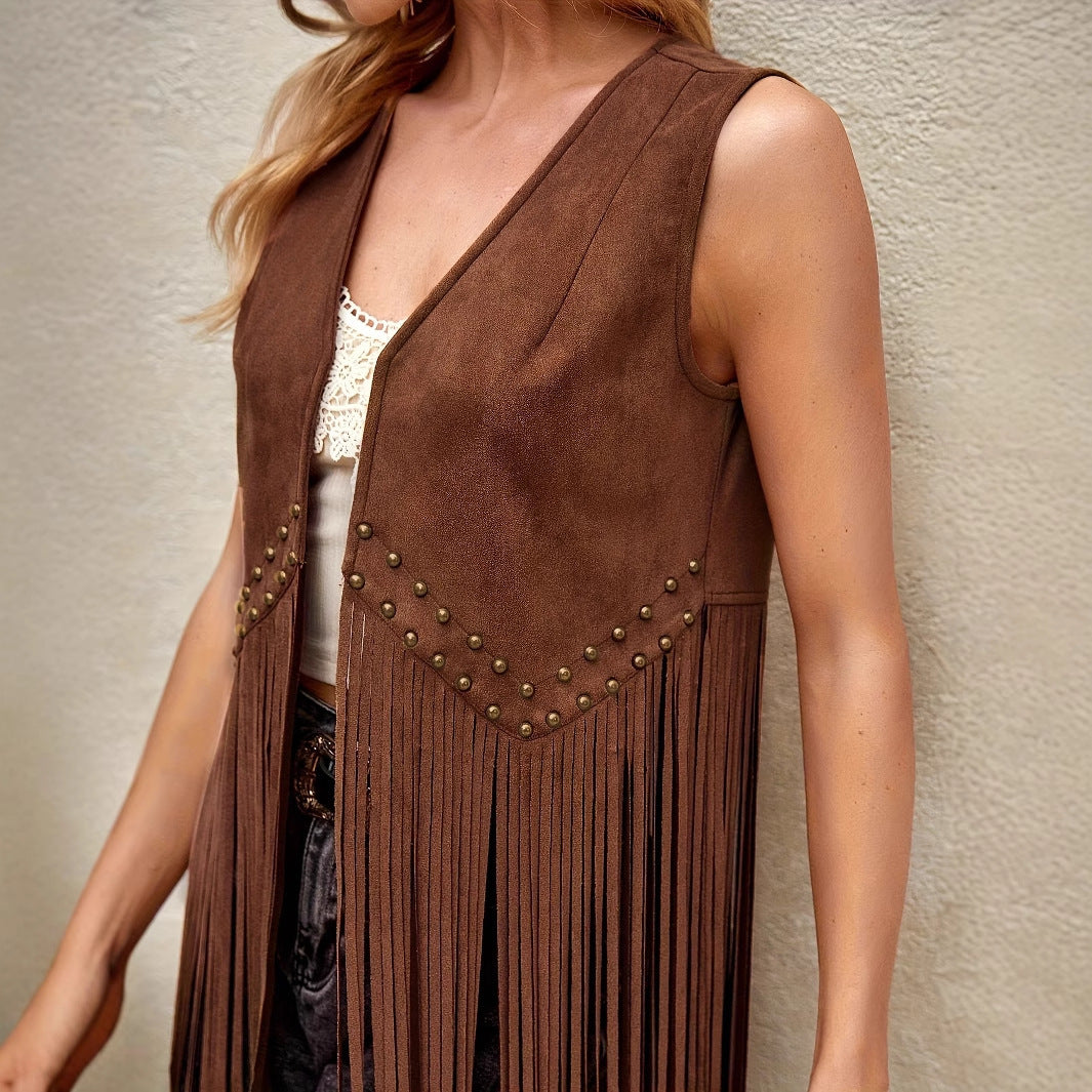 Women's Western Cowboy Style Tassel Hem Rivet Open Vest Jacket