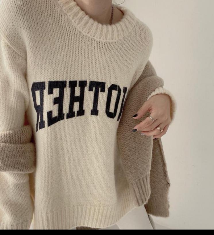 Candy Color Round Neck Letter Print Loose Long-sleeved Knitted Sweater