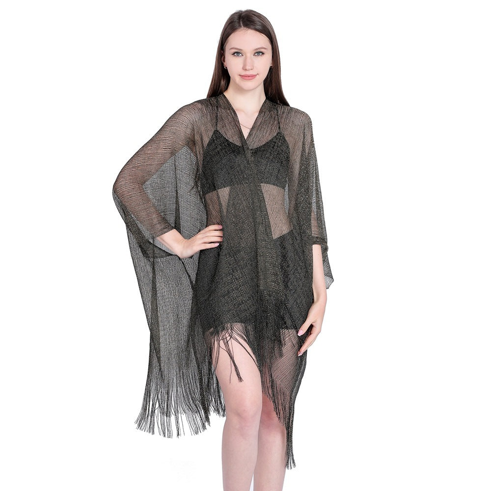 Gold And Silver Ribbon Sleeve Split Shawl Holiday Bikini Blouse Sunscreen Clothes