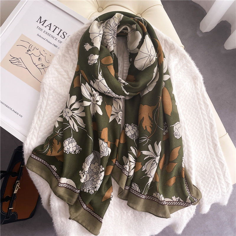 Elegant Floral Shawl In Cotton And Linen