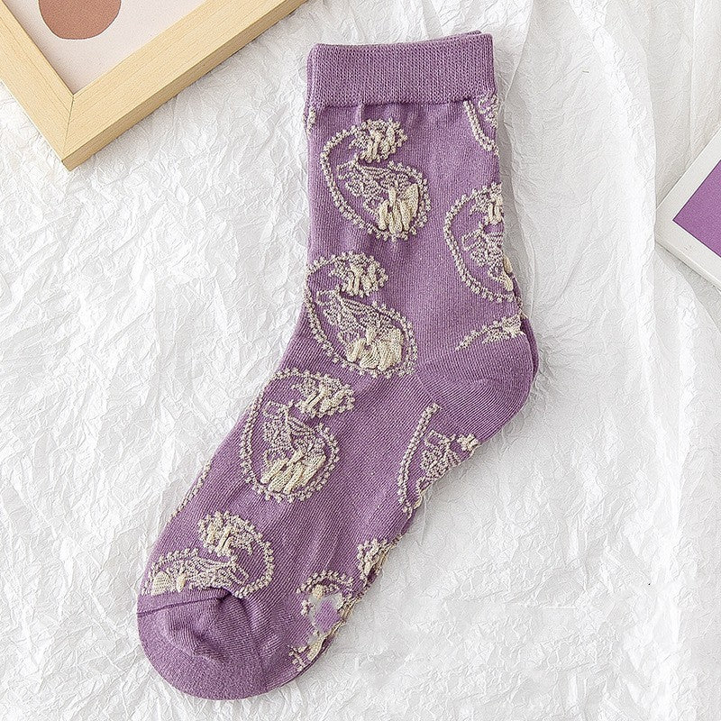 Pure Cotton Spring And Autumn Japanese Retro Floral Fashion Personality Outside The Long Socks Female