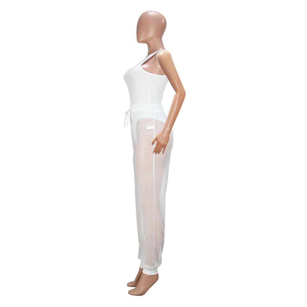European And American Style Lace-up See-through Trousers Mesh Trousers
