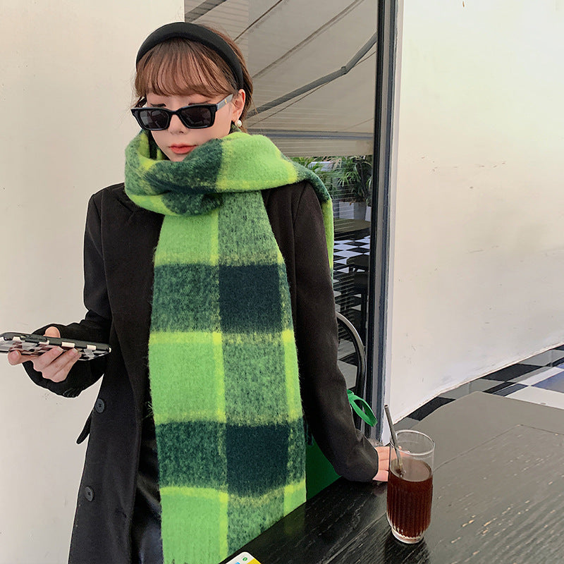 Green Cashmere Like Plaid Soft Waxy Scarf