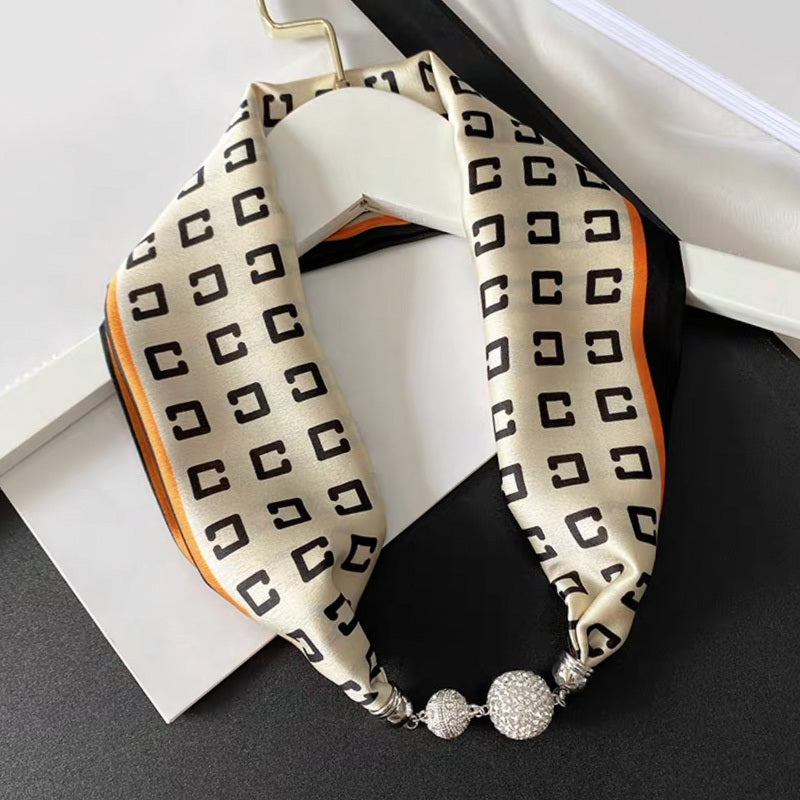 Magnetic Buckle Pearl Lazy Little Silk Scarf Female Neck Protection Decoration