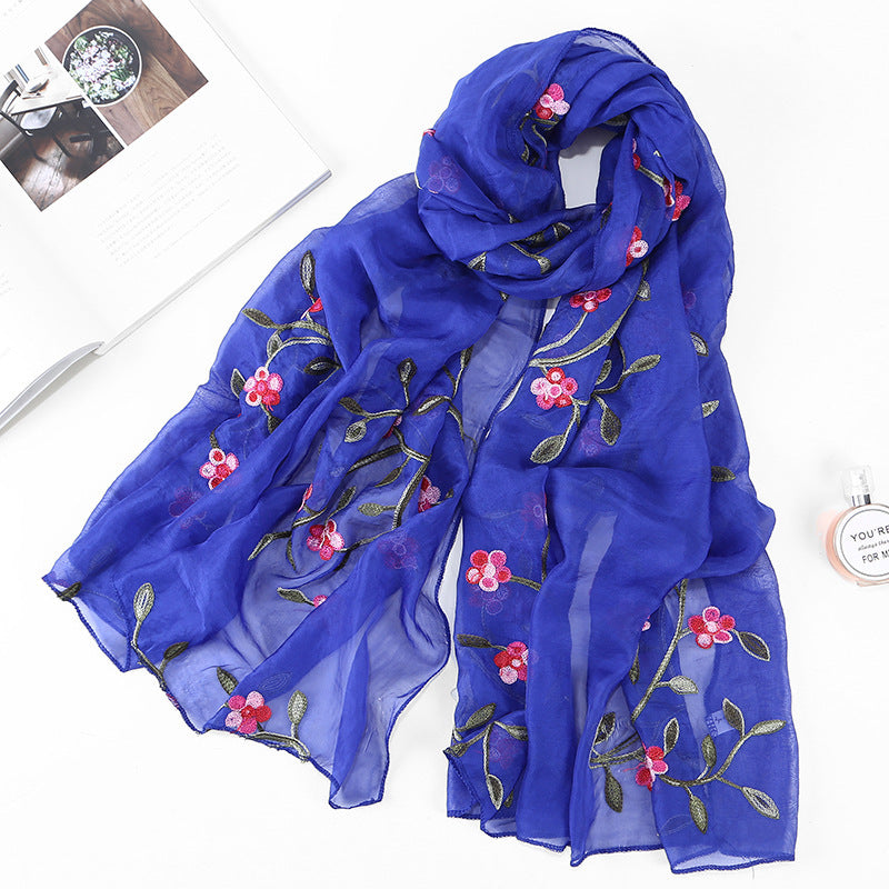 Women's Chiffon Flower Embroidered Silk Scarf Beach Shawl