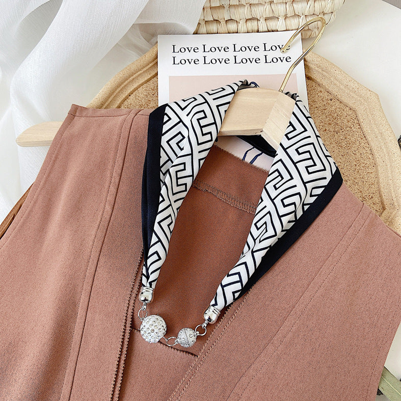 Magnetic Buckle Pearl Lazy Little Silk Scarf Female Neck Protection Decoration