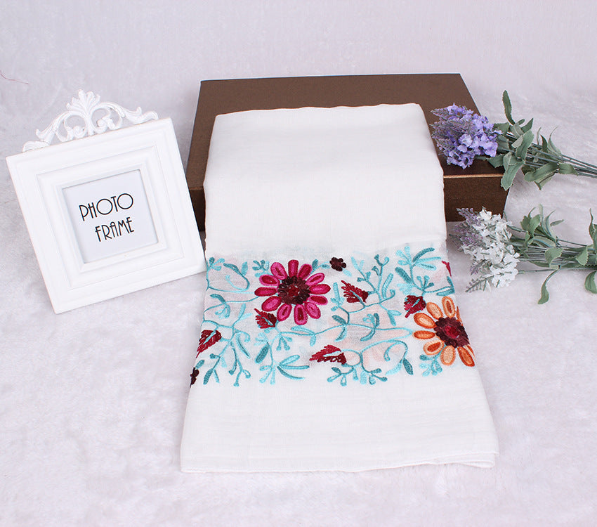 Ethnic Style Embroidered Floral Scarf Shawl Sunscreen Silk Female