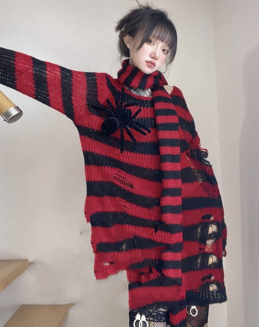 Harajuku Punk Fashion Grey Red Black Striped Scarf