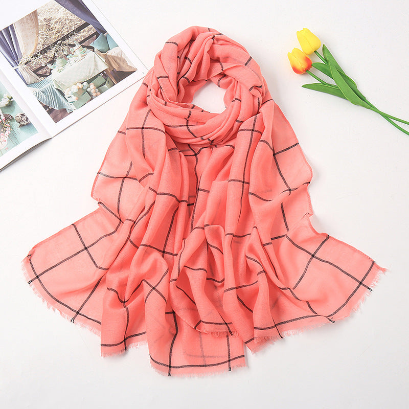 Checked Striped Cotton Linen Scarf