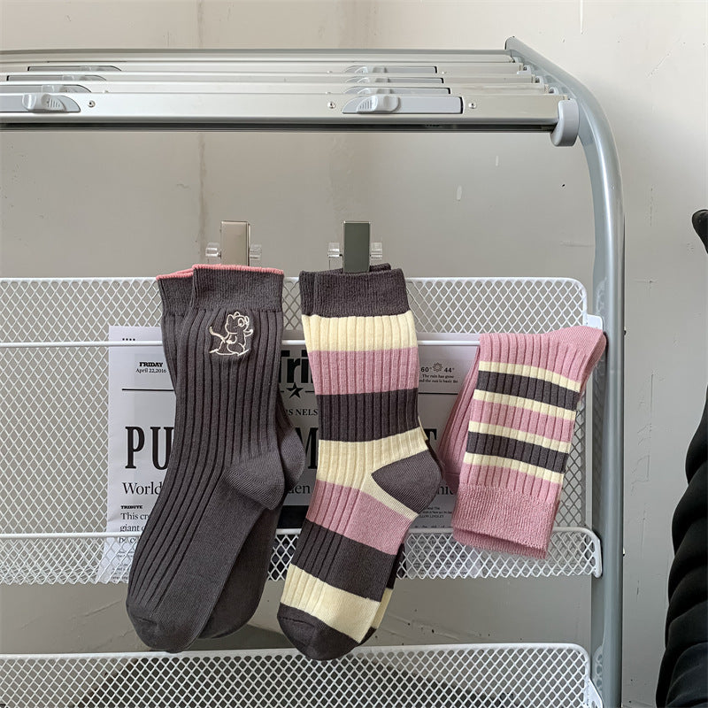 Coffee Striped Letter Mid Tube Women's Cotton Socks