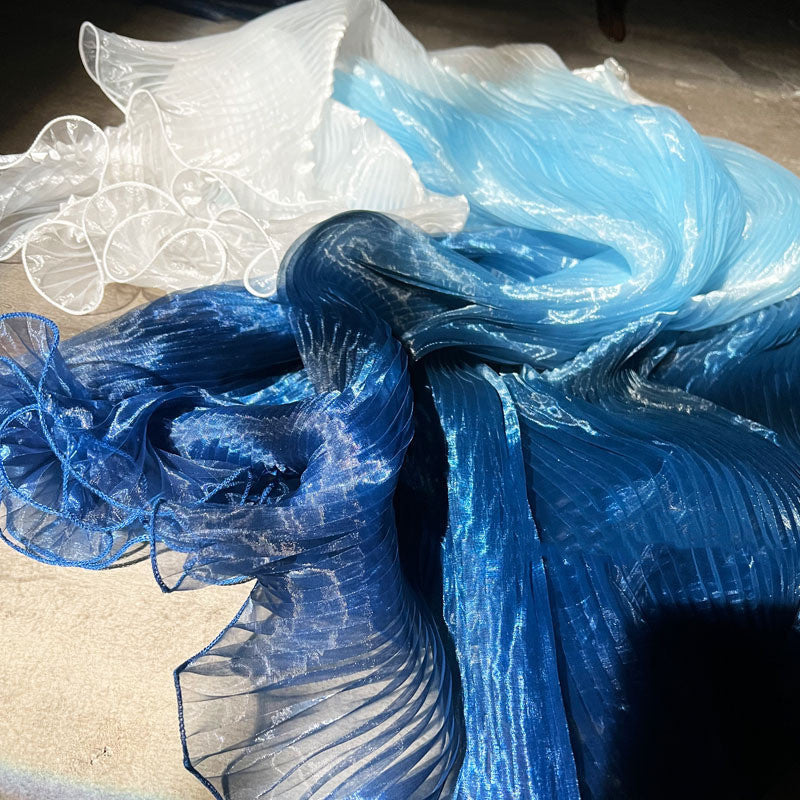 Blue Gradient Organ Pleated Large Wave Laser Organza Water Light Yarn Pleated Gown Fabric Designer Fabric