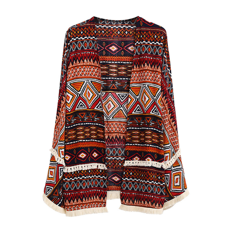 Bohemian print fringed cardigan top