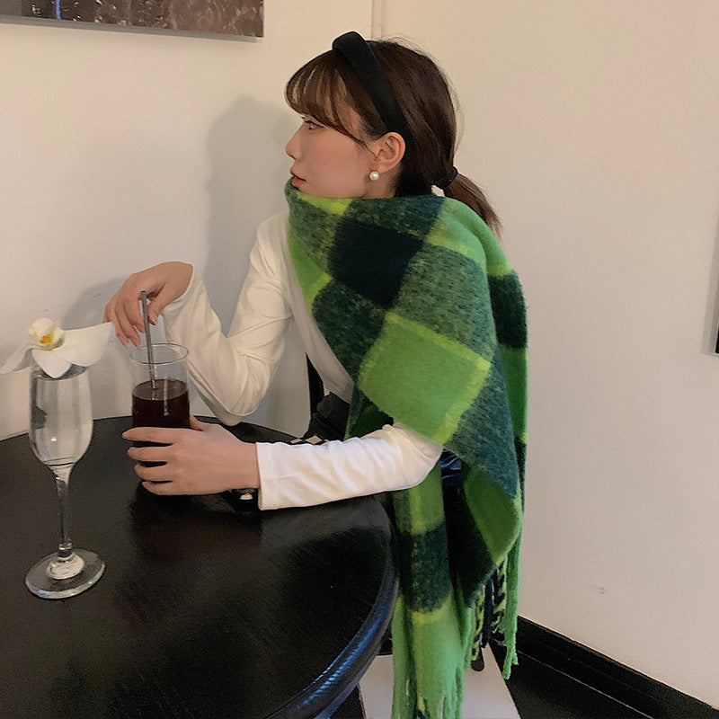 Green Cashmere Like Plaid Soft Waxy Scarf