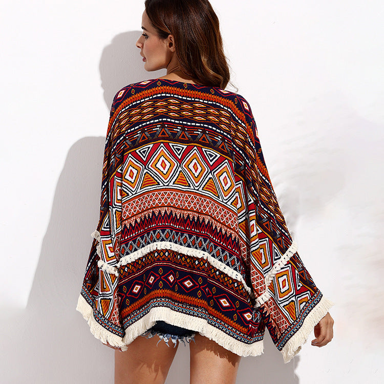 Bohemian print fringed cardigan top