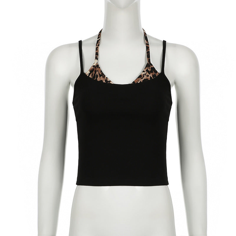 Street Cool Leopard Print Contrast Color False Two-piece Patchwork Slim-fit Camisole
