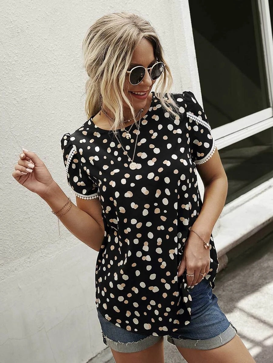 Women's Top Casual Floral Print Lace Crochet Short Sleeves