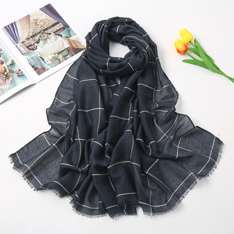 Checked Striped Cotton Linen Scarf
