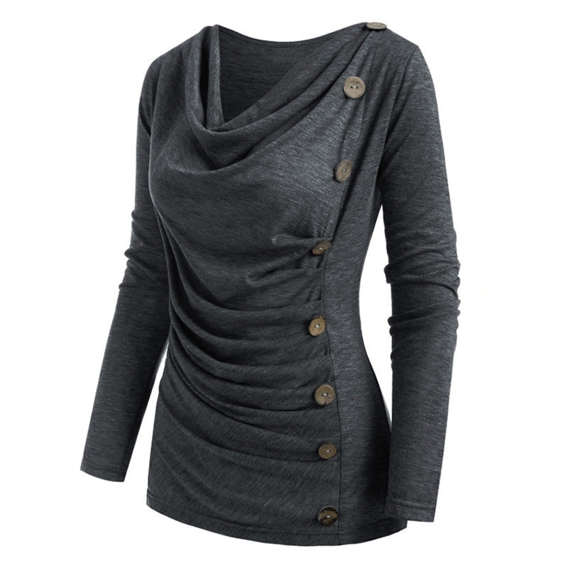 Multi-Fold Collar Casual Fashion Long-Sleeved T-Shirt