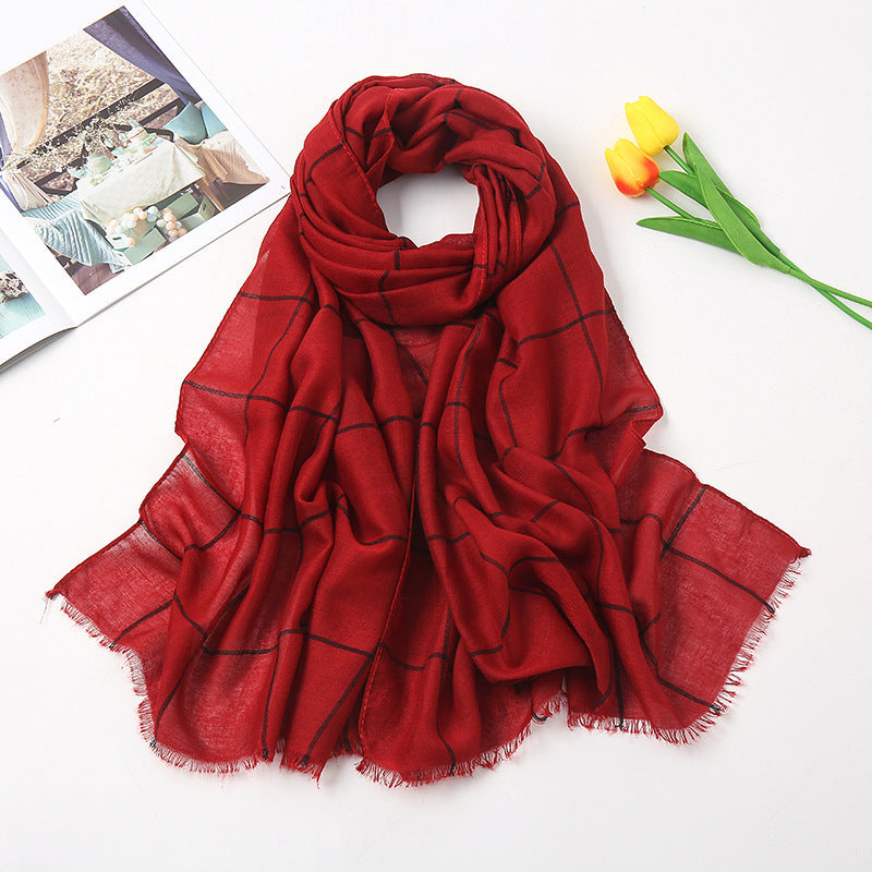 Checked Striped Cotton Linen Scarf