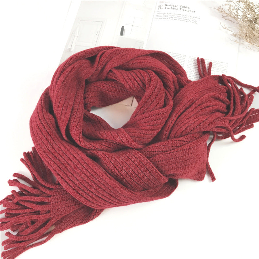 Thickened Warm Long Solid Color Tassel Knitted Wool Scarf