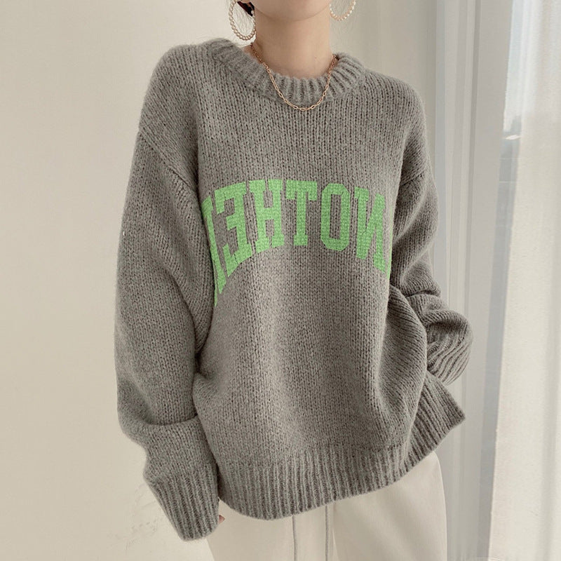 Candy Color Round Neck Letter Print Loose Long-sleeved Knitted Sweater
