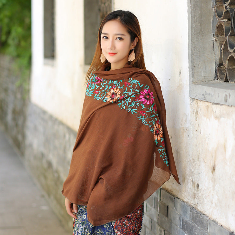 Ethnic Style Embroidered Floral Scarf Shawl Sunscreen Silk Female
