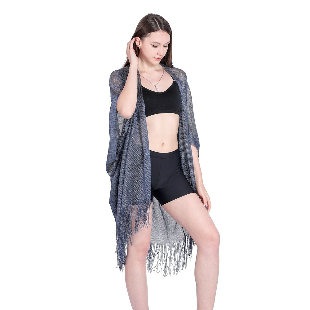 Gold And Silver Ribbon Sleeve Split Shawl Holiday Bikini Blouse Sunscreen Clothes