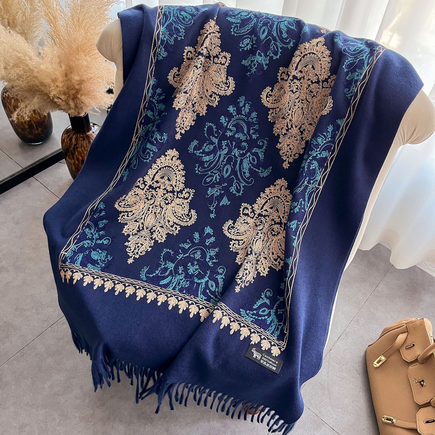 Autumn And Winter Cashmere-like Embroidered Scarf Female Tassel Floral Thickening