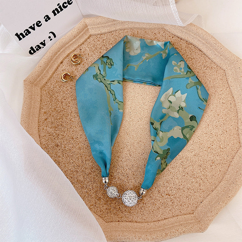 Magnetic Buckle Pearl Lazy Little Silk Scarf Female Neck Protection Decoration