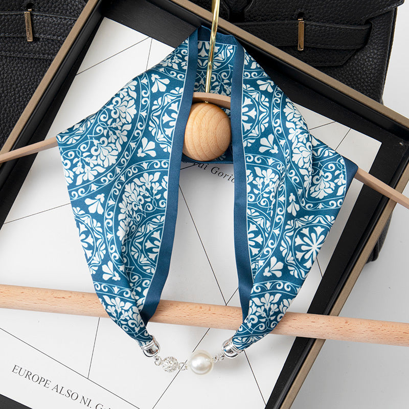 Magnetic Buckle Pearl Lazy Little Silk Scarf Female Neck Protection Decoration