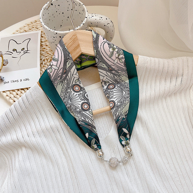 Magnetic Buckle Pearl Lazy Little Silk Scarf Female Neck Protection Decoration