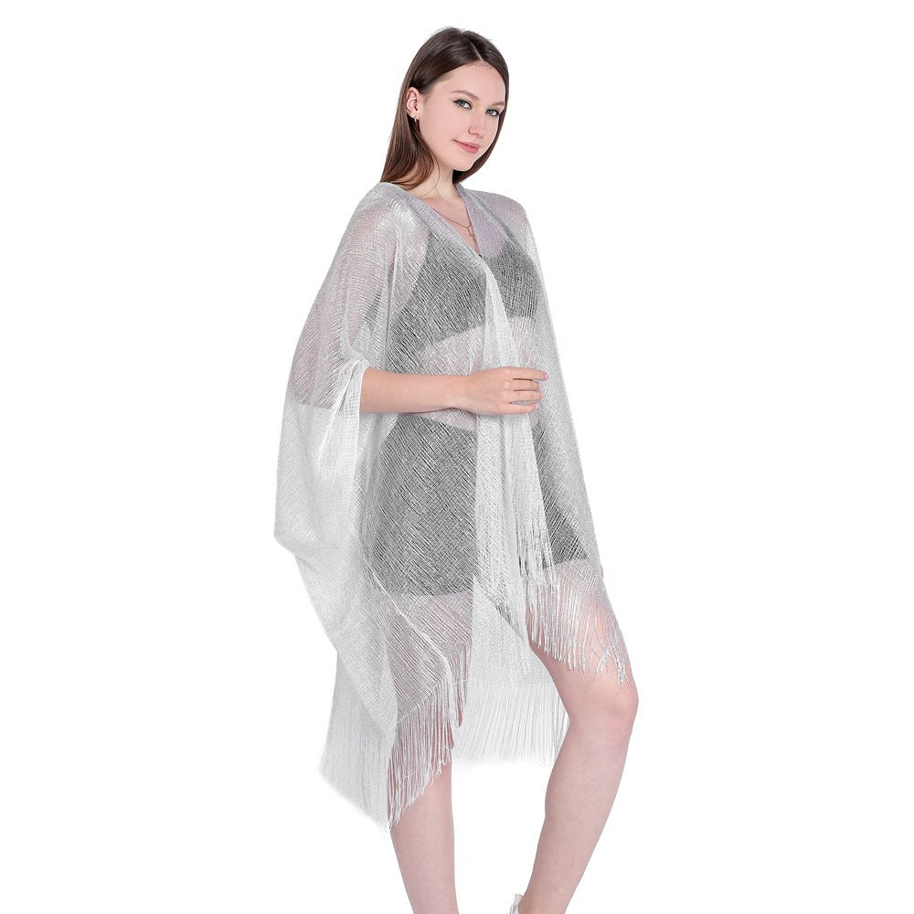 Gold And Silver Ribbon Sleeve Split Shawl Holiday Bikini Blouse Sunscreen Clothes