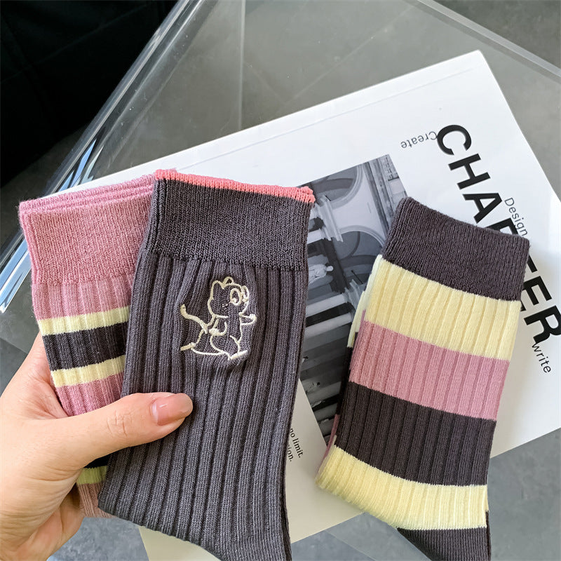 Coffee Striped Letter Mid Tube Women's Cotton Socks