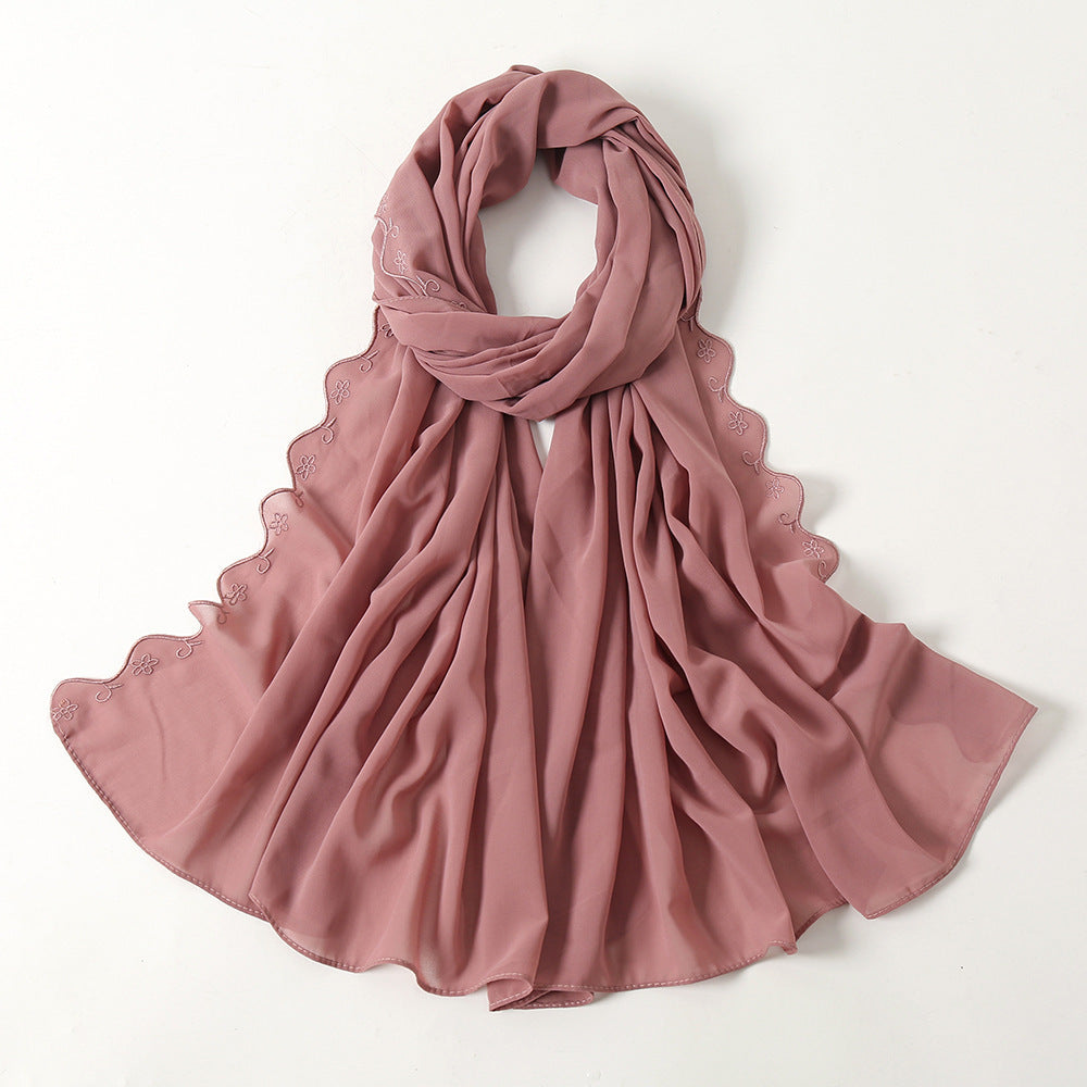 Women's Pearl Chiffon Lace Embroidered Headband Fashion Silk Scarf