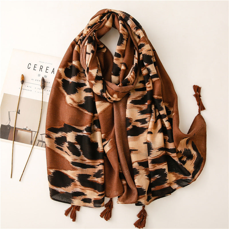 Versatile Leopard Women's Tassel Warm Sunscreen Scarf