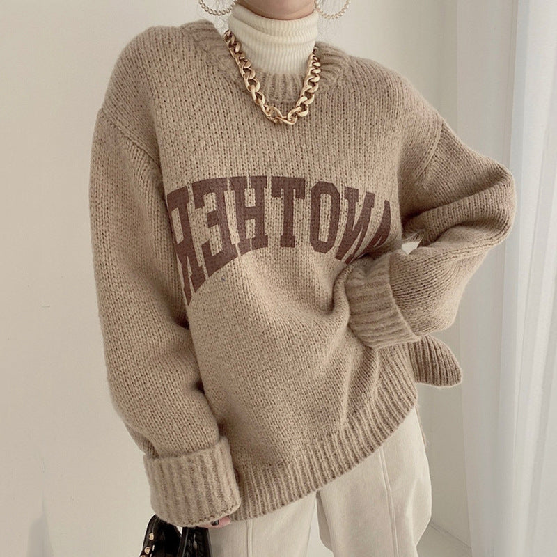 Candy Color Round Neck Letter Print Loose Long-sleeved Knitted Sweater