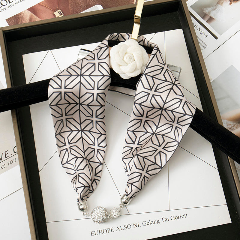 Magnetic Buckle Pearl Lazy Little Silk Scarf Female Neck Protection Decoration