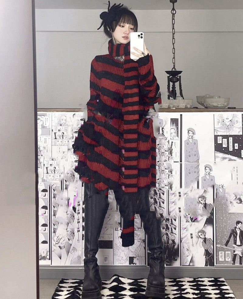 Harajuku Punk Fashion Grey Red Black Striped Scarf