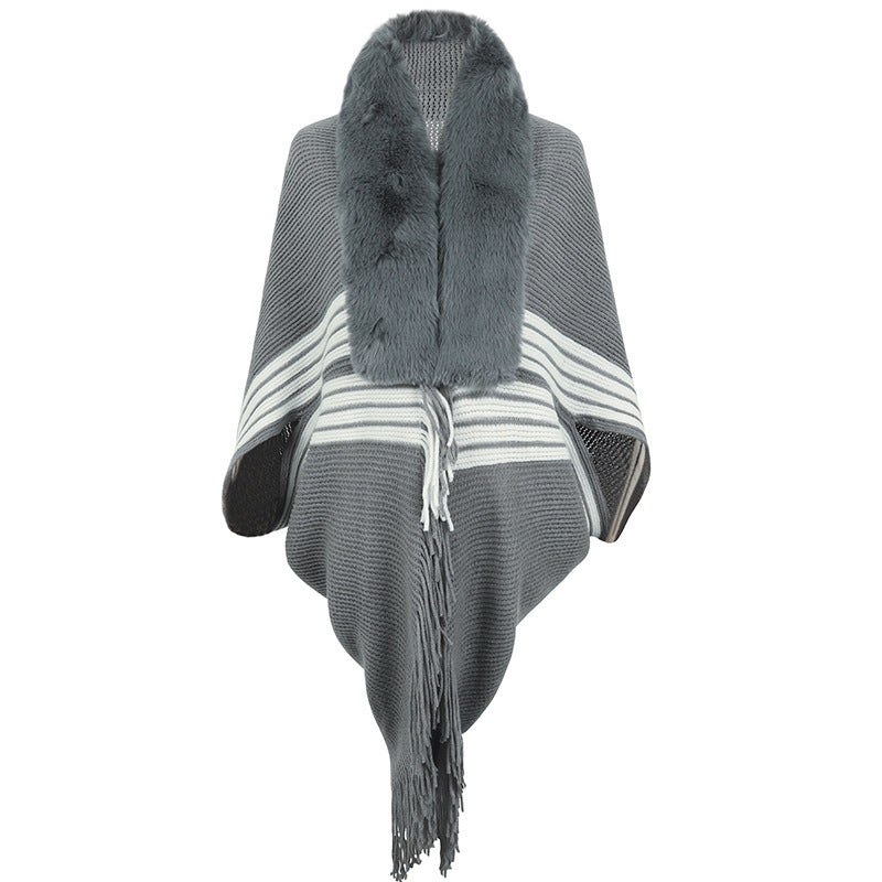 Tassel Cape And Shawl Women's Striped Fur Collar Scarf