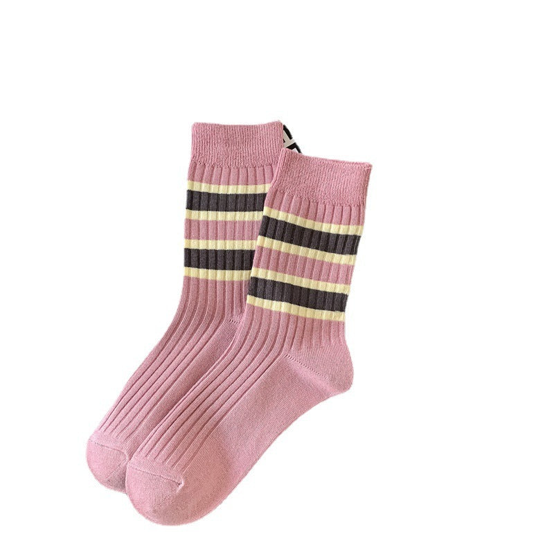 Coffee Striped Letter Mid Tube Women's Cotton Socks