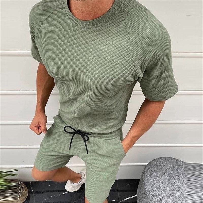 Men's Summer Short Sleeve Solid Color Casual Suit
