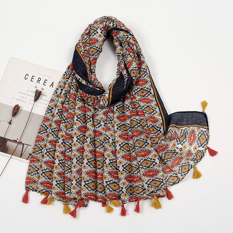 Voile Tassel Sun-proof Printed Scarf