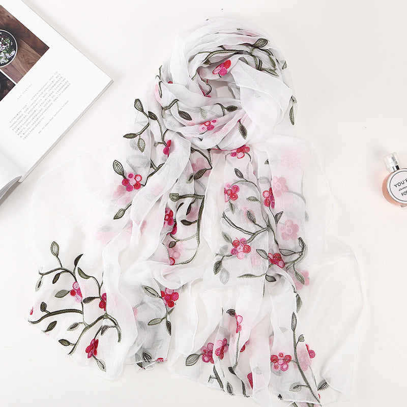 Women's Chiffon Flower Embroidered Silk Scarf Beach Shawl
