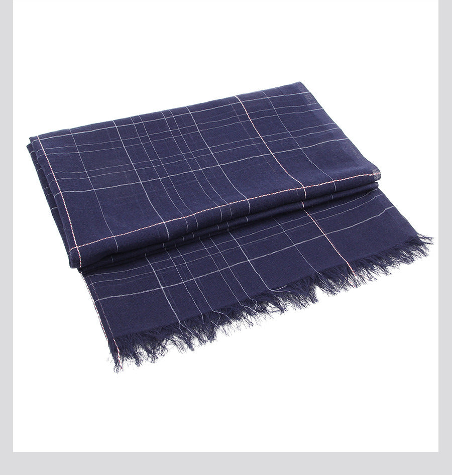 Spring And Summer Blended Yarn Cotton And Linen Plaid Lightweight Breathable Scarf