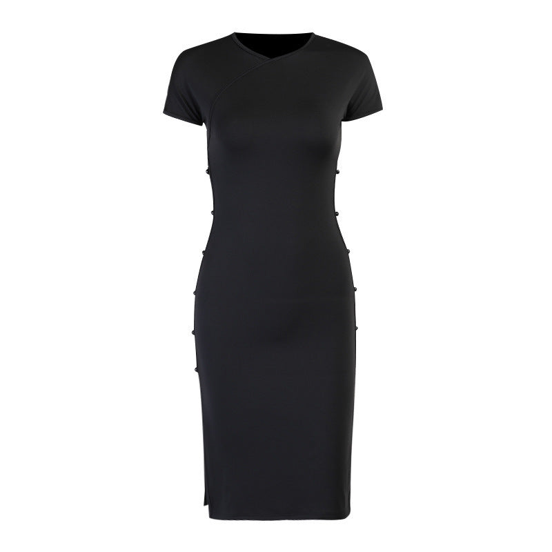 Commuter Long Skirt Lace Slit Skirt High Waist Solid Color Dress