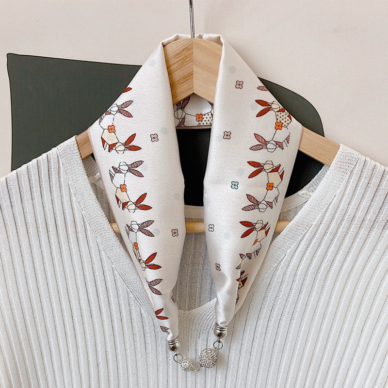 Magnetic Buckle Pearl Lazy Little Silk Scarf Female Neck Protection Decoration