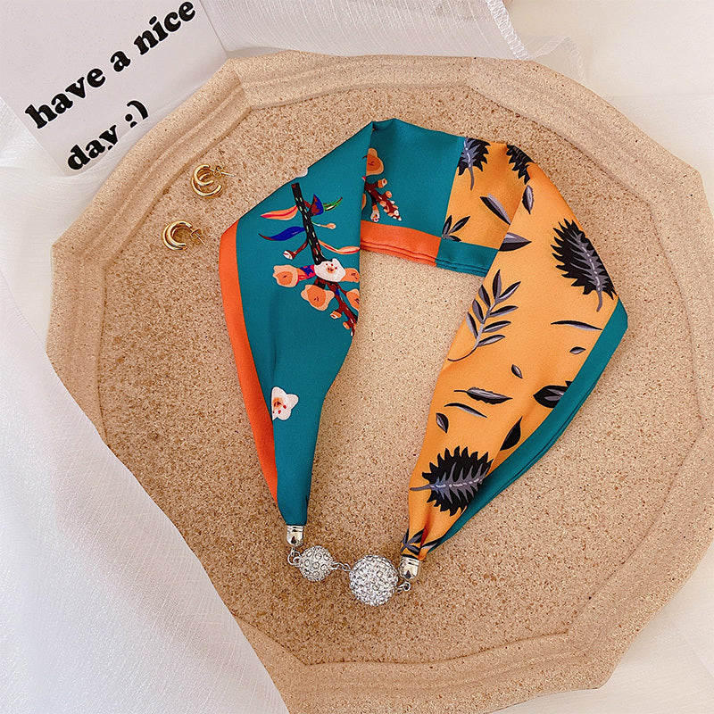 Magnetic Buckle Pearl Lazy Little Silk Scarf Female Neck Protection Decoration