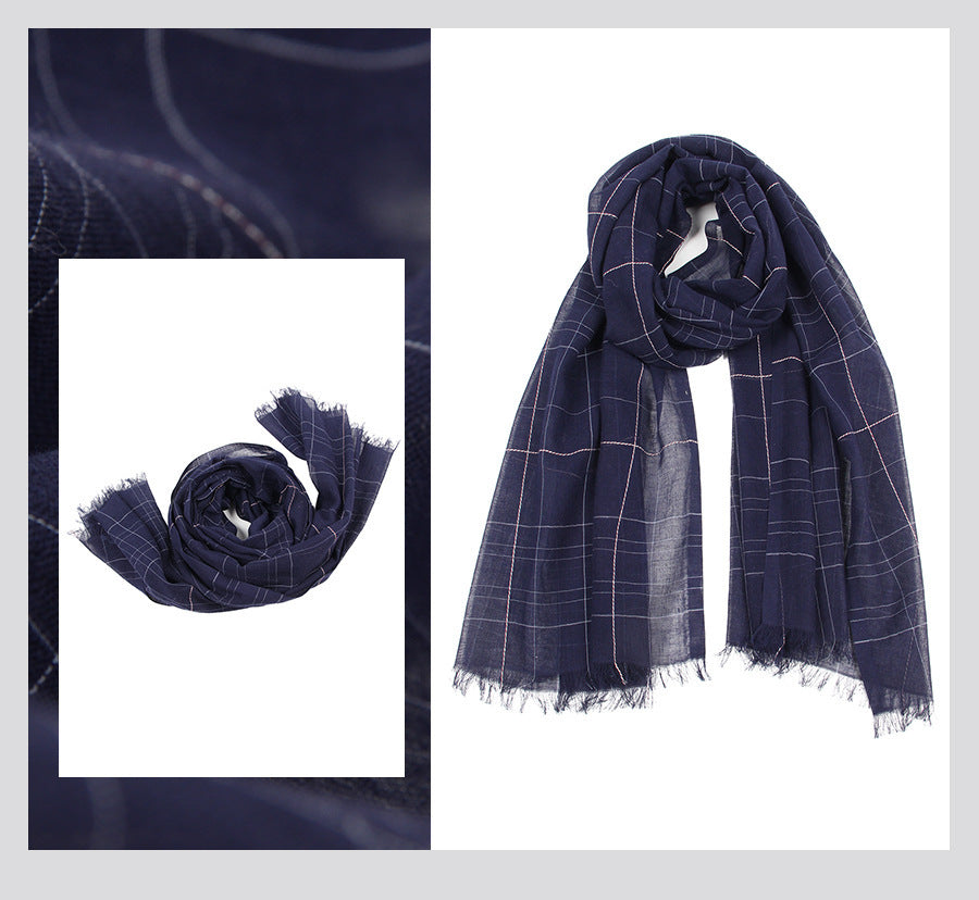 Spring And Summer Blended Yarn Cotton And Linen Plaid Lightweight Breathable Scarf