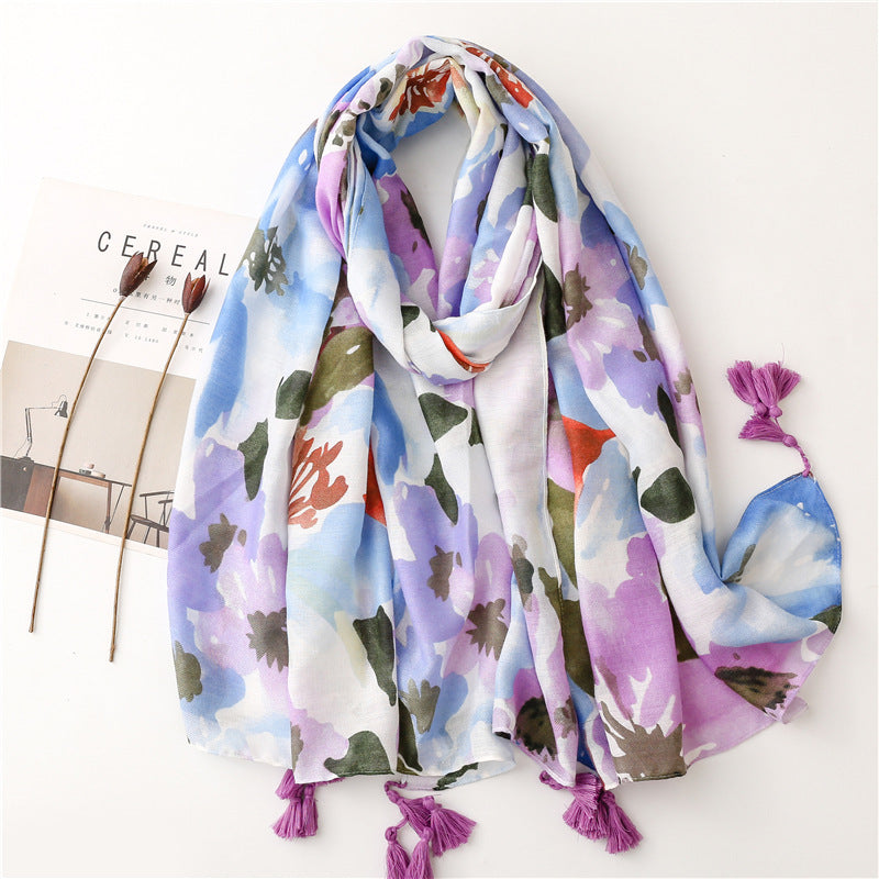 New Blooming Color Cotton And Linen Feel Scarf Soft Shawl